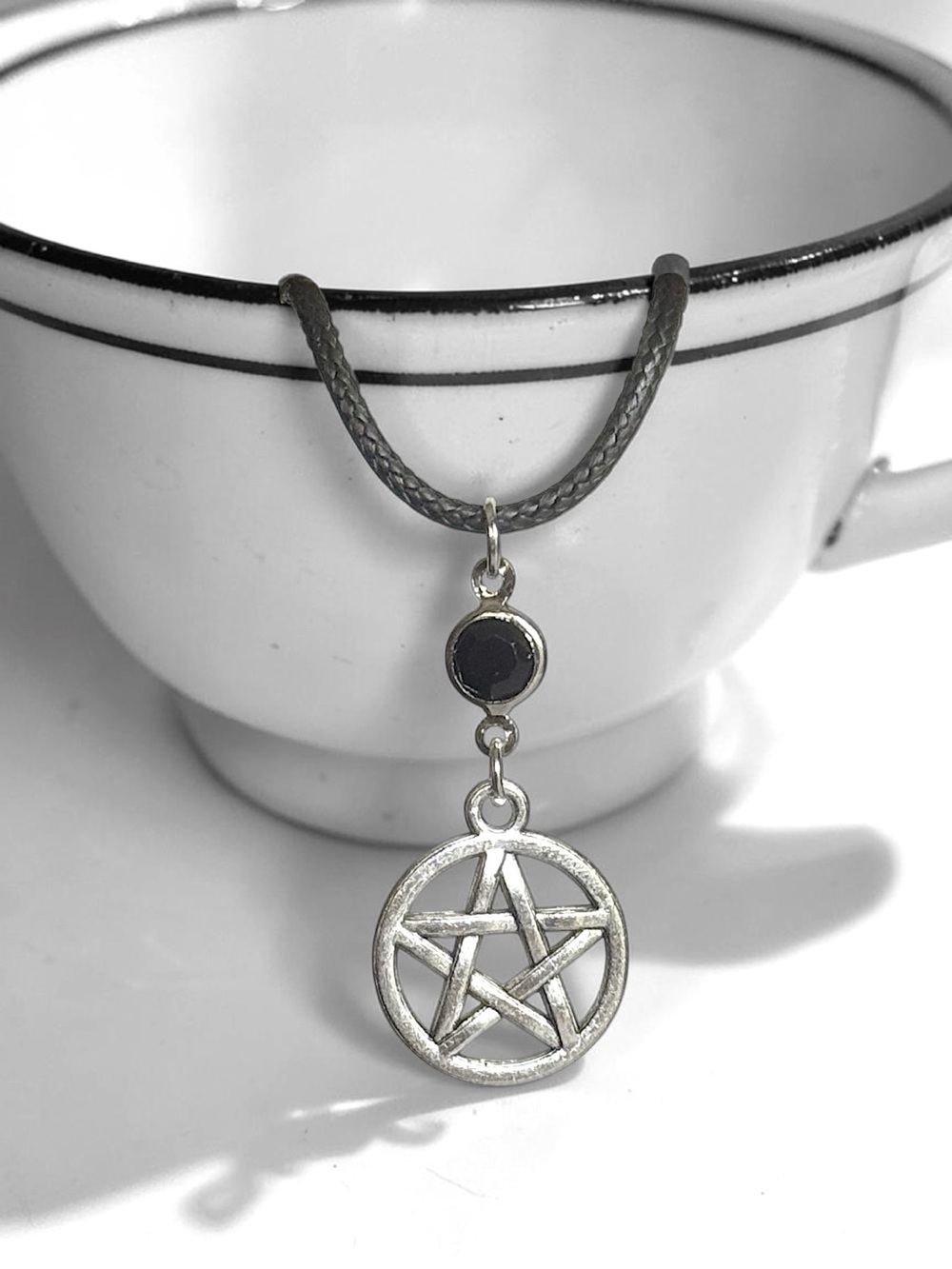 5 For $25💫Silver Pentagram Pendant Necklace with Black Acrylic Gem Accent
